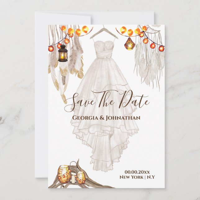 Save The Date Lanterne macramé bohème à guirlande de plumes pour (Devant)