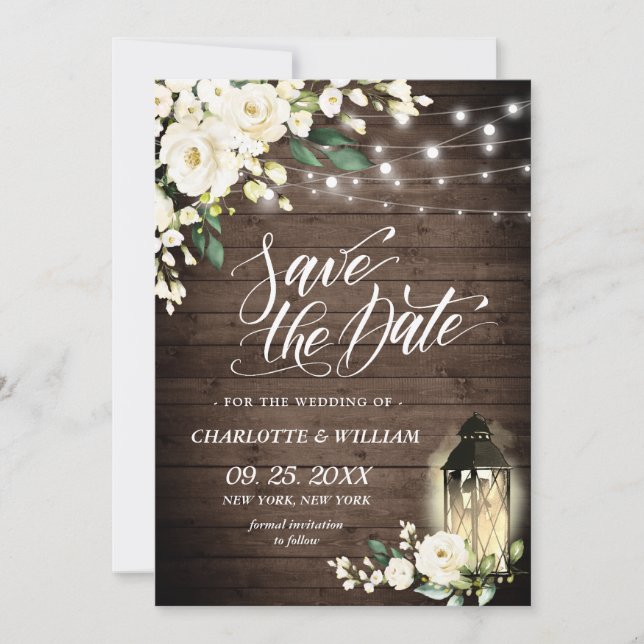 Save The Date Lanterne rose blanche Mariage en bois rustique (Devant)