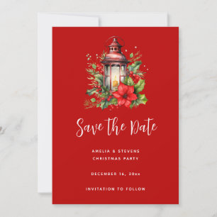 Save The Date Lanterne rouge de Noël Poinsettia et pin