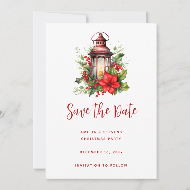 Save The Date Lanterne rouge de Noël Poinsettia et pin (Devant)