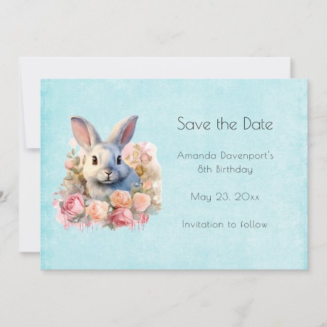 Save The Date Lapin avec une guirlande de roses Joyeux anniversa (Devant)