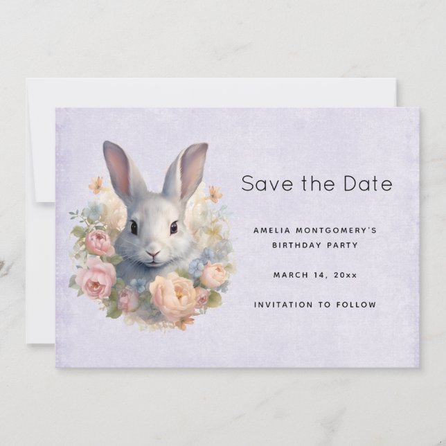 Save The Date Lapin entouré de fleurs pastel mignon (Devant)