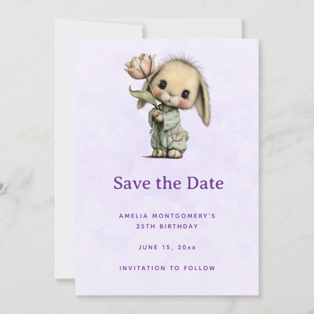 Save The Date Lapin mignon tenant une Tulipe (Devant)