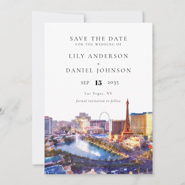 Save The Date Las Vegas Skyline Watercolor Photo Wedding (Devant)