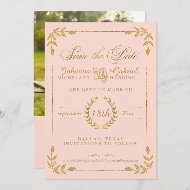 Save The Date Laurel Leaf Blush Pink Gold Enregistrer la date Ph (Devant / Derrière)