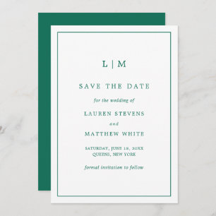 Save The Date Lauren Emerald Green Monogramme Mariage élégant