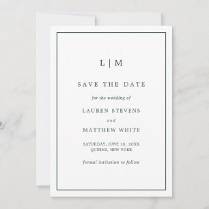 Save The Date Lauren Forest Green Monogramme Mariage élégant
