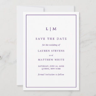 Save The Date Lauren Purple Monogramme Mariage élégant