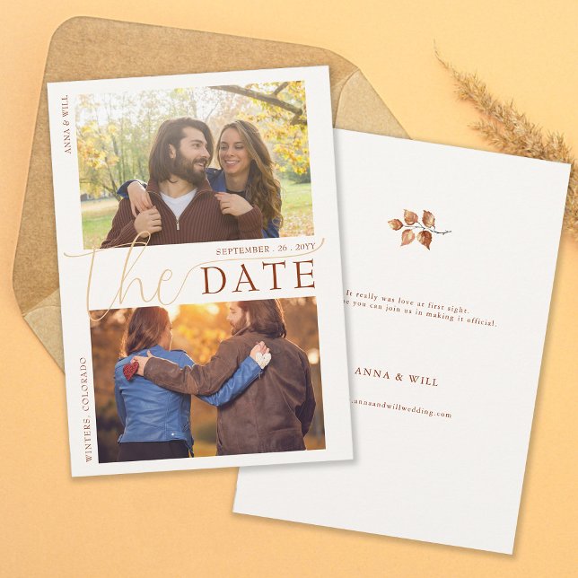 Save The Date L'automne quitte Terracotta Mariage de automne mod (Autumn Leaves Fall Wedding Photo Save the Date Elegant Modern Calligraphy Terracotta Foliage Orange)