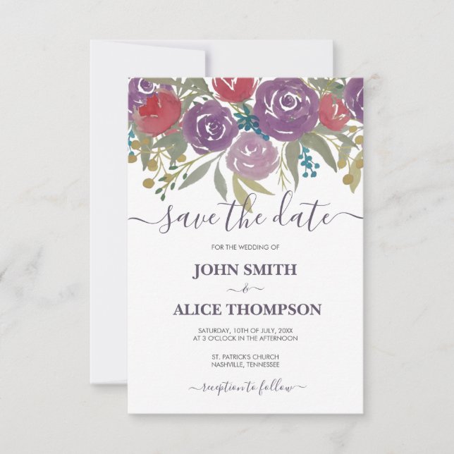 Save The Date Lavande d'aquarelle et Mariage de fleurs rouges (Devant)