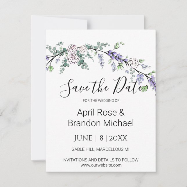 Save The Date Lavande Eucalyptus blanc roses aquarelle (Devant)