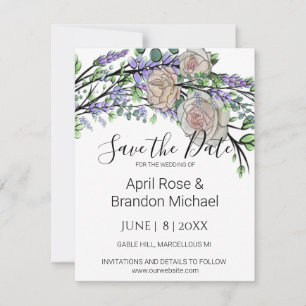 Save The Date Lavande Eucalyptus rose roses roses blanches Enreg