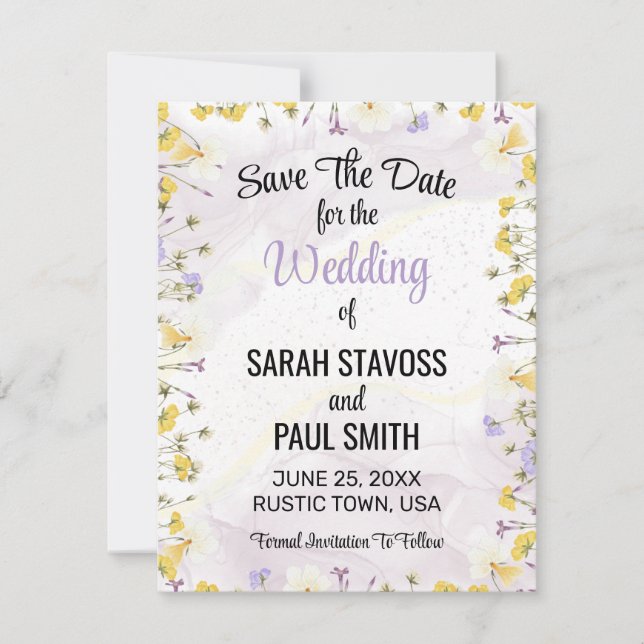 Save The Date Lavande fleur sauvage et mariage floral jaune (Devant)