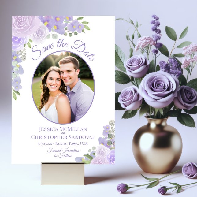 Save The Date Lavande Purple Aquarelle Floral & Mariage Photo (Créateur téléchargé)