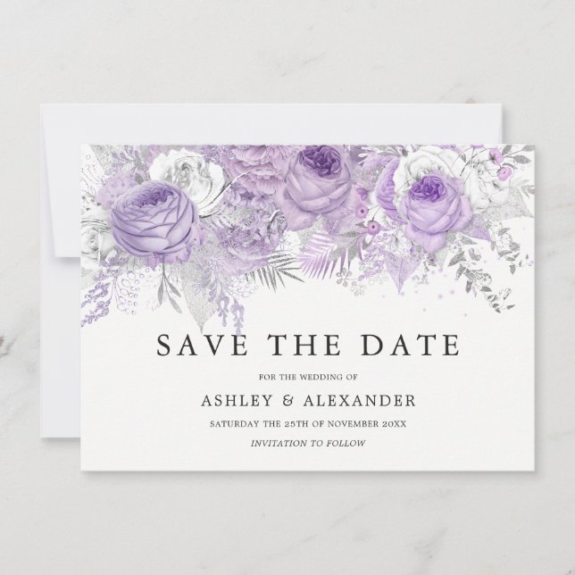 Save The Date Lavande Purple Blanc Fleur Argent Enregistrer La D (Devant)
