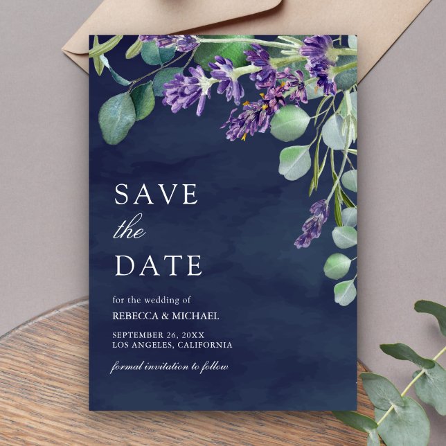 Save The Date Lavande Russe Eucalyptus Mariage bleu marine (Créateur téléchargé)