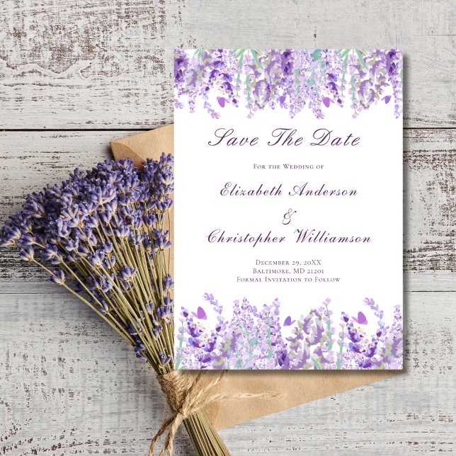 Save The Date Lavande vert violet Aquarelle Florale Élégante (Lavender greenery watercolor floral, Wedding Save the Date invitation card. )