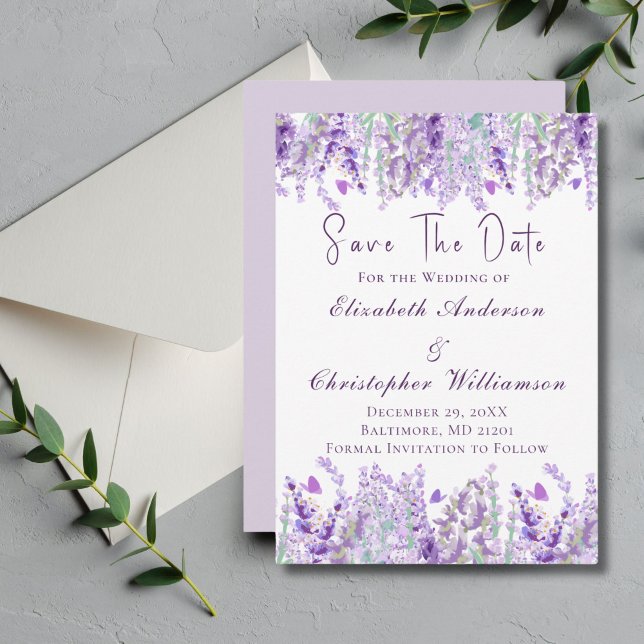 Save The Date Lavande vert violet Aquarelle Florale Élégante (Lavender Greenery Watercolor Floral Wedding Save the Date Card Invitation)