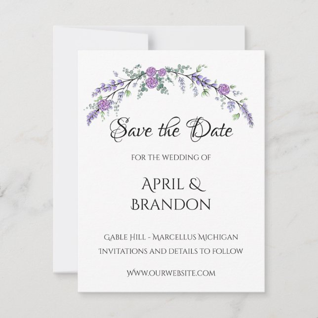 Save The Date Lavande violet Rose et Eucalyptus (Devant)