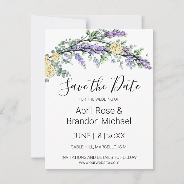 Save The Date Lavande Yellow Roses Eucalyptus Enregistrer La Dat (Devant)
