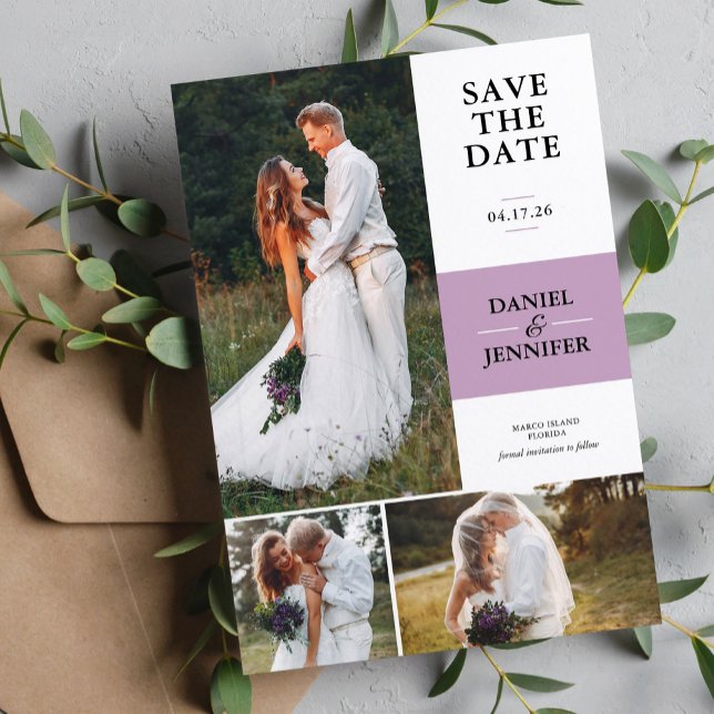 Save The Date Lavender 3-Photo Gallery Mariage Enregistrer La Da (Créateur téléchargé)