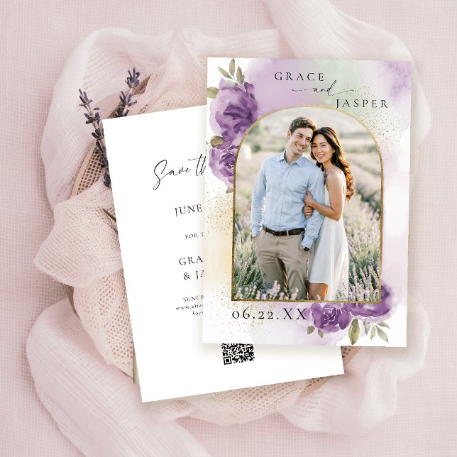 Save The Date Lavender Dreamy Rustic Photo Wedding Enregistrer l (purplegold boho arch photo wedding save the date watercolor elegant floral mauve green barn ranch)