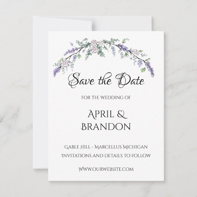 Save The Date Lavender Ivory Rose et Eucalyptus (Devant)