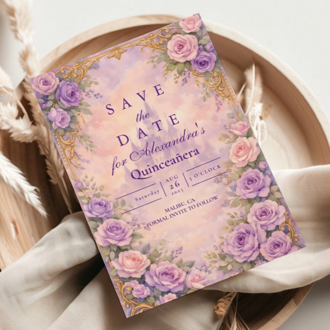 Save The Date Lavender Rose Gold Garden Quinceañera (Créateur téléchargé)