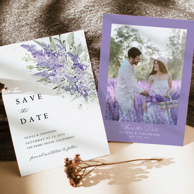 Save The Date Lavender & Sage Green Floral Photo Wedding (Lavender & Sage Green photo save the date cards with romantic watercolor floral front & photo back)