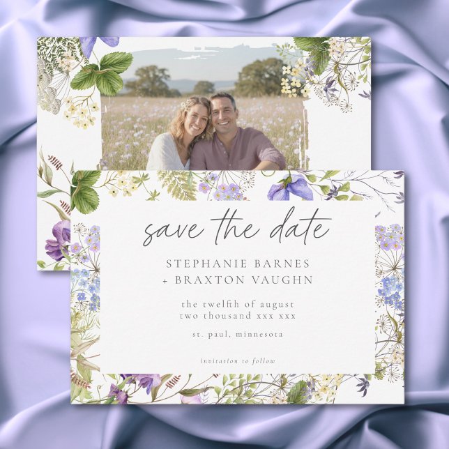 Save The Date Lavender Wildflower Garden White Romantic Photo (Lavender Wildflower Garden White Romantic Photo Save The Date)