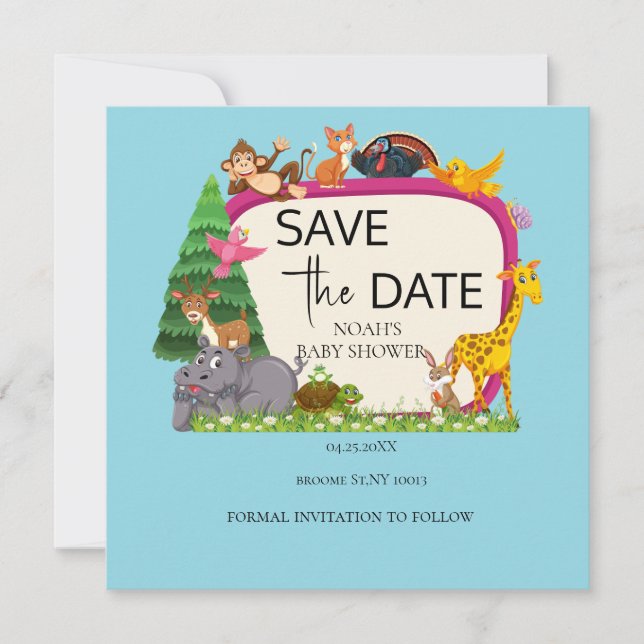 Save The Date Le baby shower de verdure animal de Cute Safari (Devant)