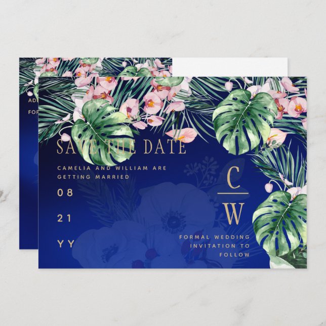 Save The Date LeahG Bleu Tropical Rose Floral Mariage (Devant / Derrière)