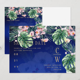 Save The Date LeahG Bleu Tropical Vert Rose Floral Mariage