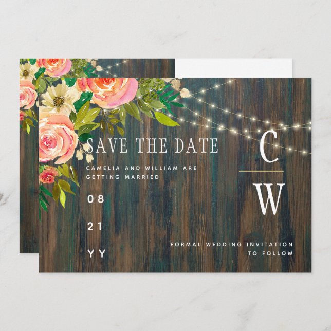 Save The Date LeahG Pêche Rustique Mariage Floral de corail (Devant / Derrière)
