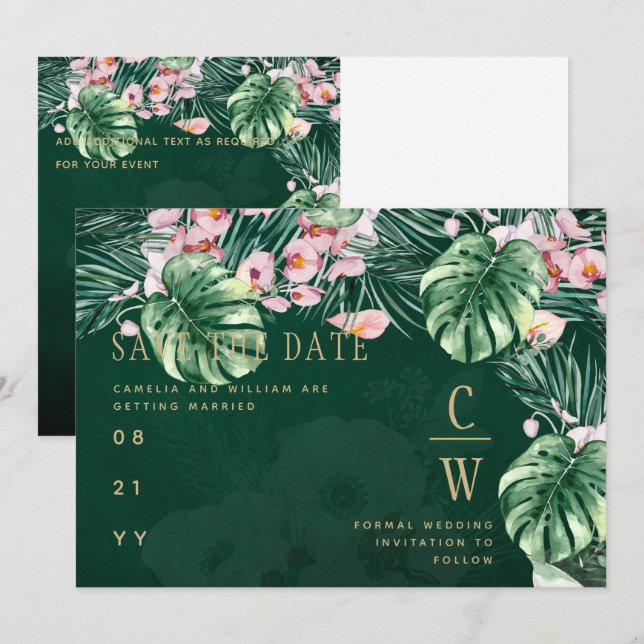 Save The Date LeahG Tropical Vert Rose Botanique Mariage (Devant / Derrière)