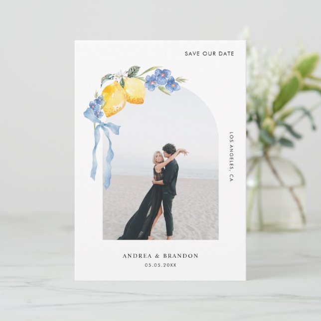 Save The Date Lemon Blue Bow Floral Arch Photo Italian Wedding (Debout devant)