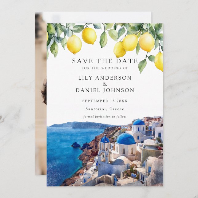 Save The Date Lemons Santorini Greece Photo Wedding (Devant / Derrière)