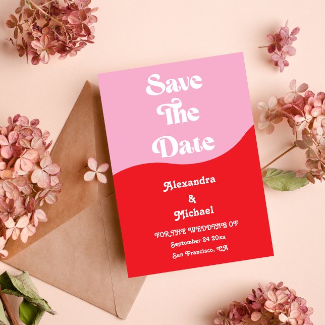 Save The Date Les années 70 rétro rose et Mariage rouge néon (Créateur téléchargé)