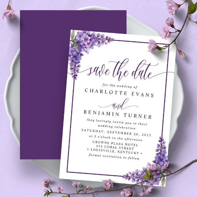 Save The Date Les Coins De Wisteria Florale Violet Sauvegardent  (Créateur téléchargé)