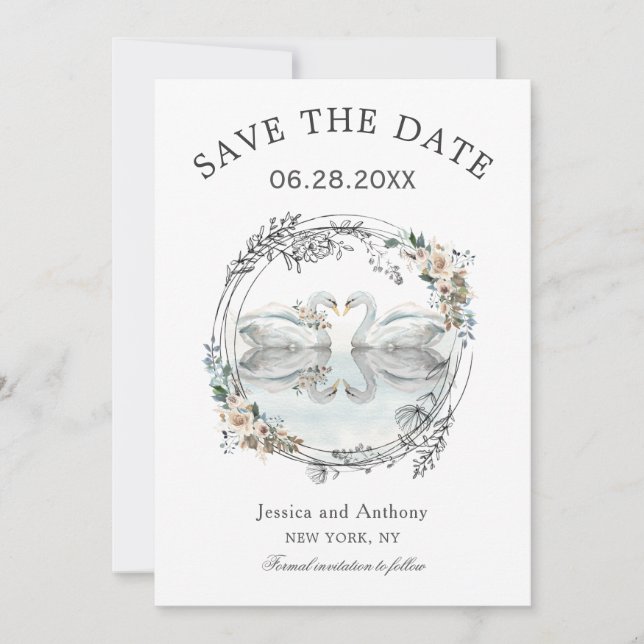 Save The Date Les cygnes Mariages romantiques sauvent la date (Devant)