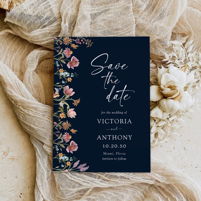 Save The Date Les Fleurs sauvages Bleus De La Marine Sauvegarden (Créateur téléchargé)
