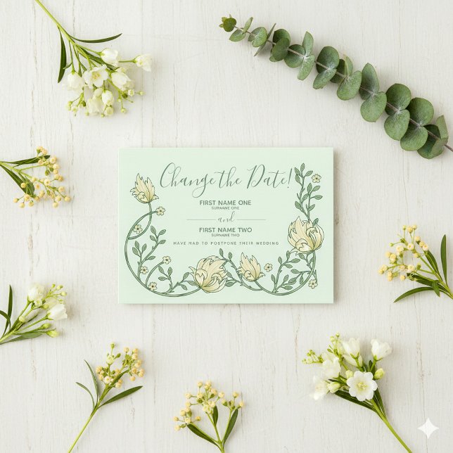 Save The Date Les jolies fleurs Art nouveau vertes changent la d (Green and cream Art Nouveau style Chang the Date botanical pretty card.)