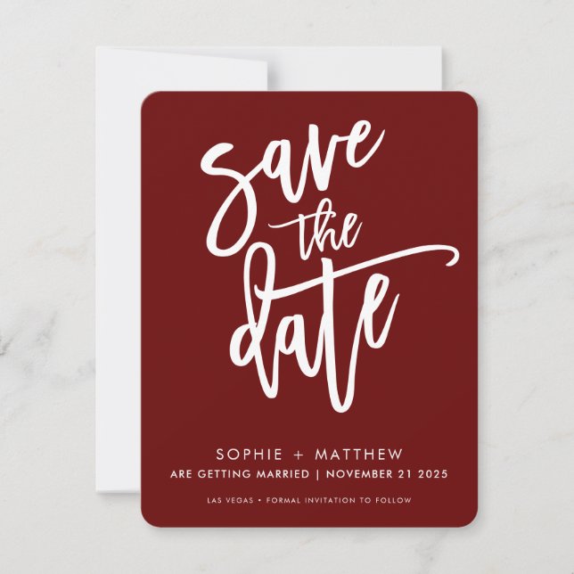 Save The Date Lettres calligraphiées modernes en rouge bordeaux (Devant)