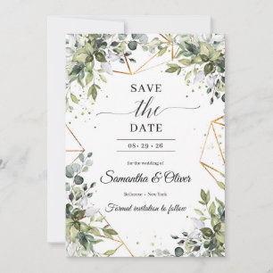 Save The Date L'eucalyptus feuille du feuillage vert en or sauve