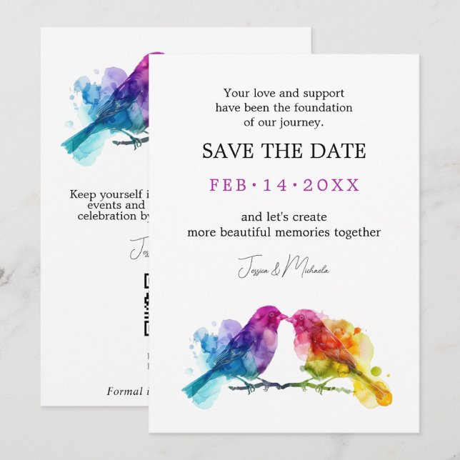 Save The Date LGBTQ+ avec code QR Rainbow Lovebirds (Devant / Derrière)
