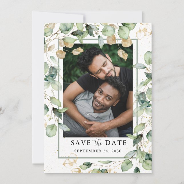 Save The Date LGBTQ Eucalyptus Gold Photo Enregistrer La Date (Devant)