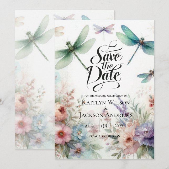 Save The Date Libellules et Floraux Pastel Enregistrez la Date (Devant / Derrière)