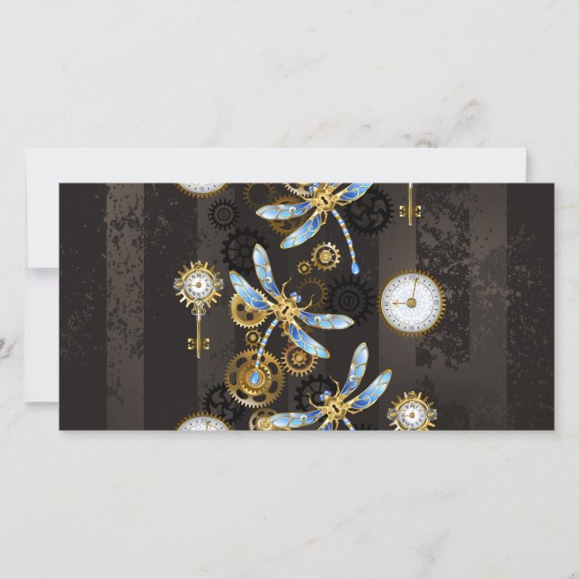 Save The Date Libellules Steampunk sur fond brun rayé (Devant)