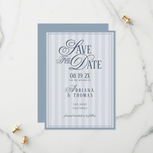 Save The Date Light Blue Striped Old Money Calligraphy Wedding (Devant/Arrière en situation)