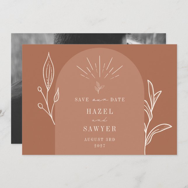 Save The Date Ligne Art Arc Script Désert Terracotta Photo (Devant / Derrière)